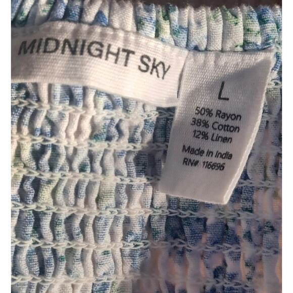 Midnight Sky Baby Doll Smocked Floral Blue White Top Linen Blend Women's Large - Picture 5 of 6
